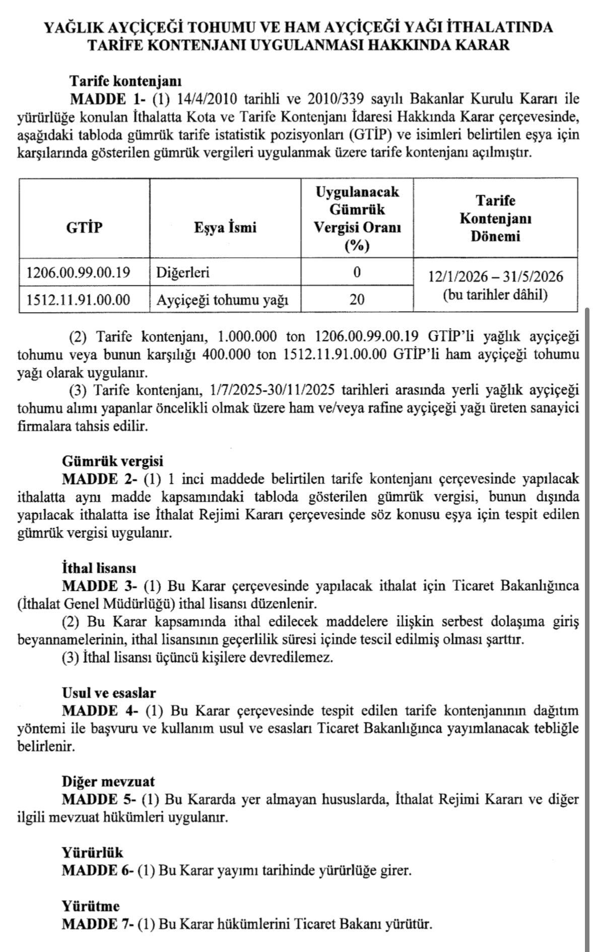 Ayçiçeği İthalatına Yerli Alım Şartı