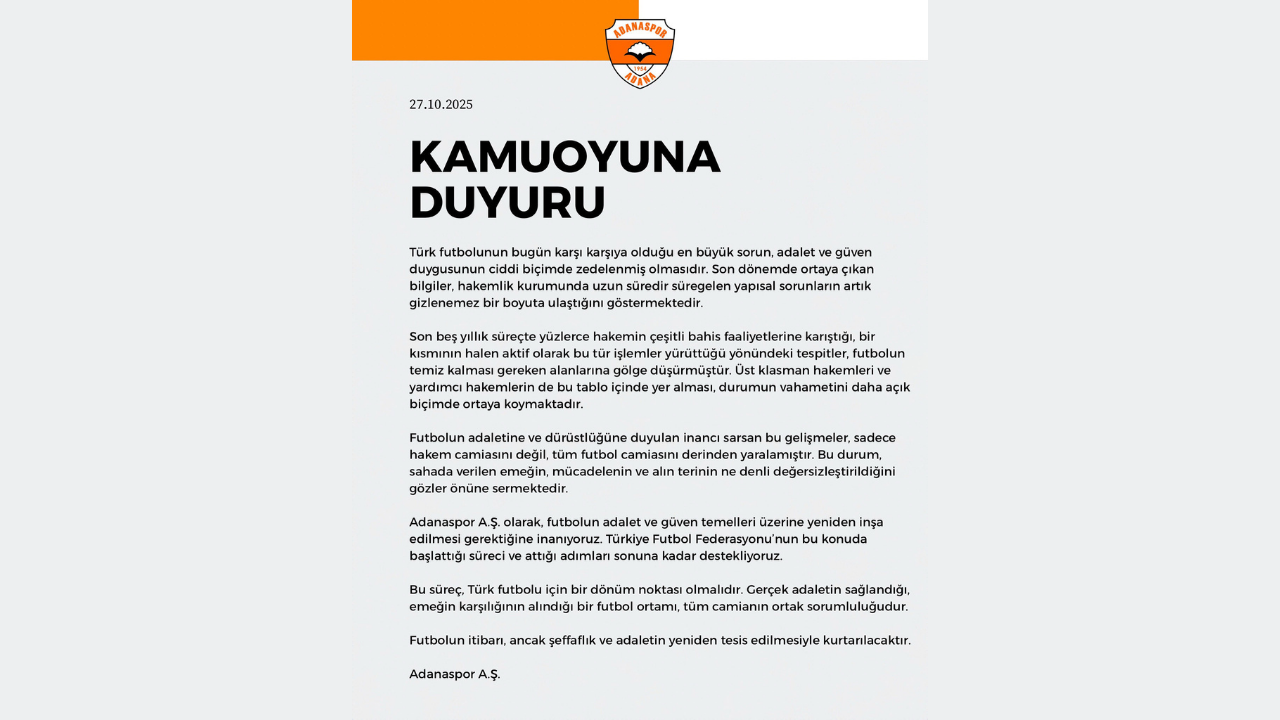Adanaspor'dan Hakemlik Sistemi Ve Futbolda Adalet Vurgusu