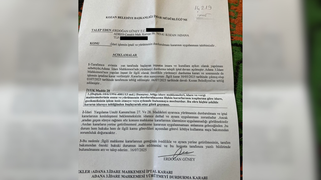 Kozan Belediyesine Dilekçe