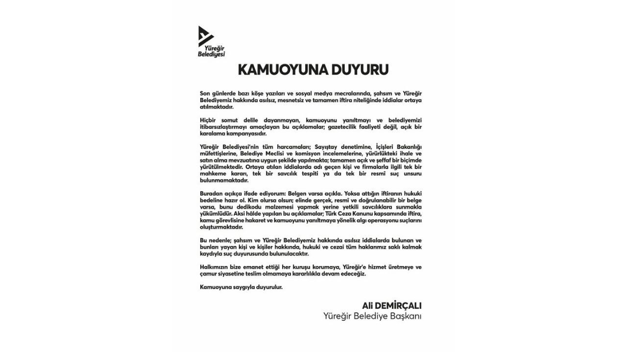Yüreğir Belediyesi’nden Ortaya Atılan Iddialara Yalanlama