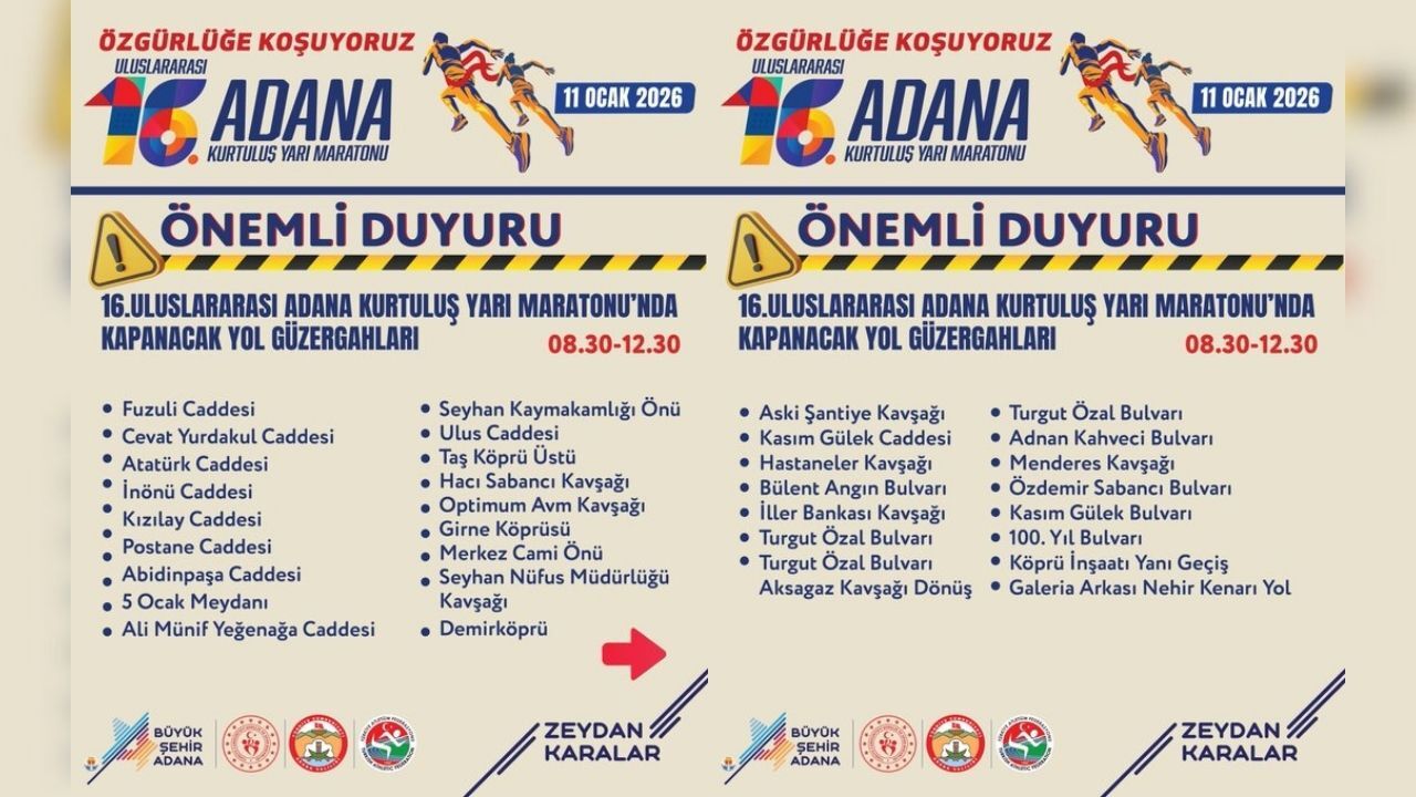Adana Kurtuluş Yarı Maratonu Nedeniyle 11 Ocak’ta Yollar Kapanacak