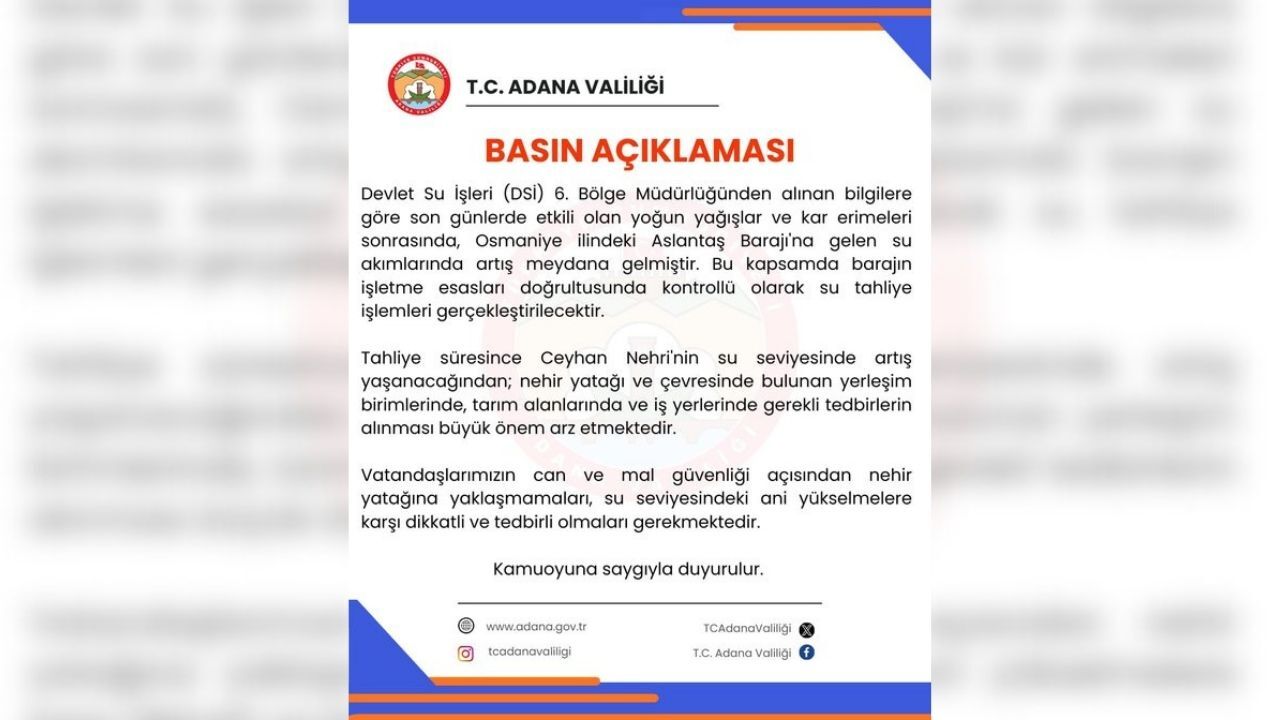 Valilik'ten Aslantaş Barajı’nda Kontrollü Su Tahliyesi Uyarısı
