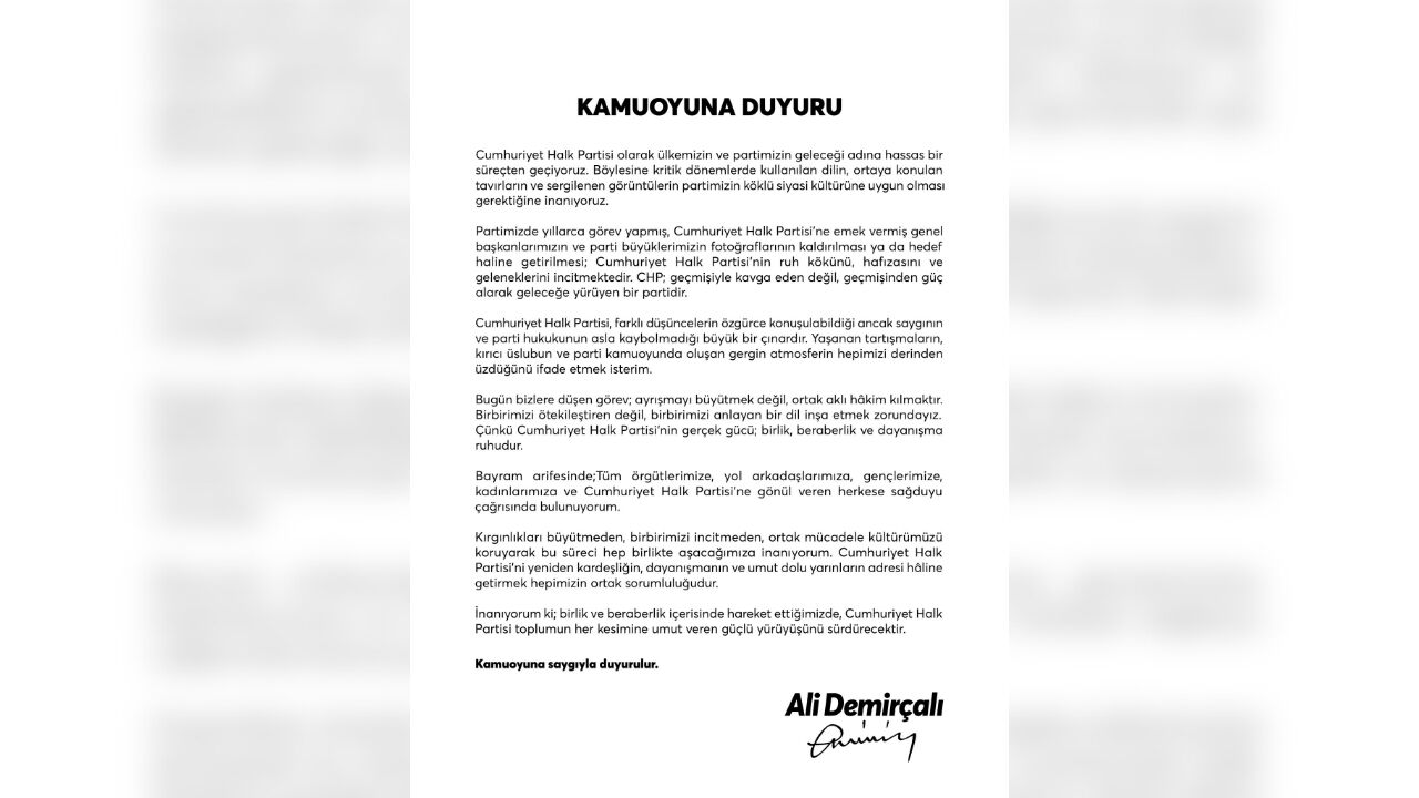 Ali Demirçalı’dan Chp Içinde Birlik Çağrısı