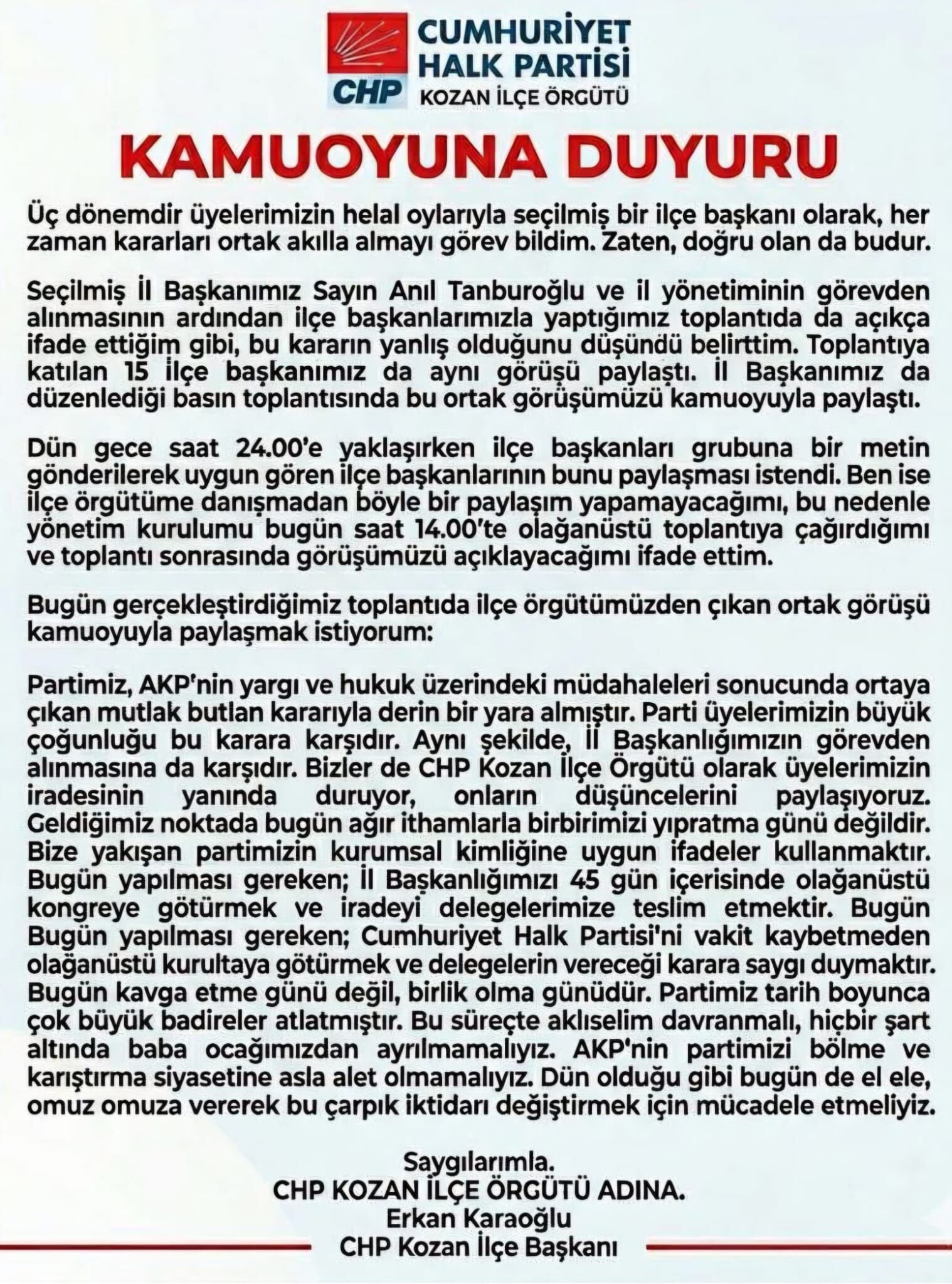 Chp Kozan İlçe Başkanı Erkan Karaoğlu’ndan Kamuoyuna Duyuru (1)