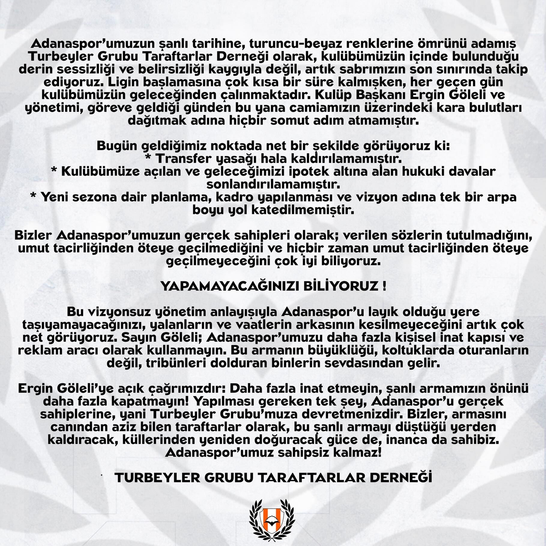 Adanaspor'da Taraftardan Başkana Çağrı 'Kulübü Bize Devredin'