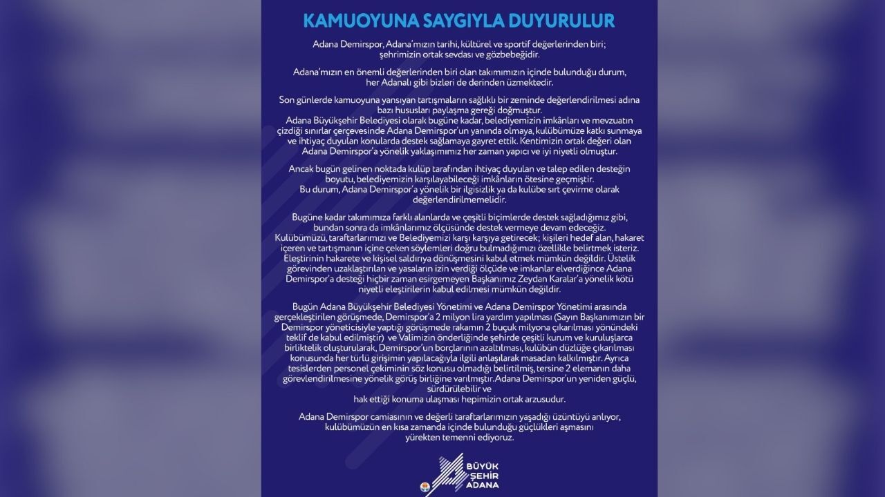 Adana Büyükşehir Belediyesi’nden Adana Demirspor Açıklaması
