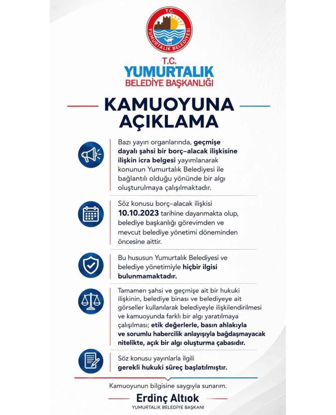 Başkan Altıok’tan Açıklama “Söz Konusu Borcun Belediyemizle Hiçbir Ilgisi Yoktur”