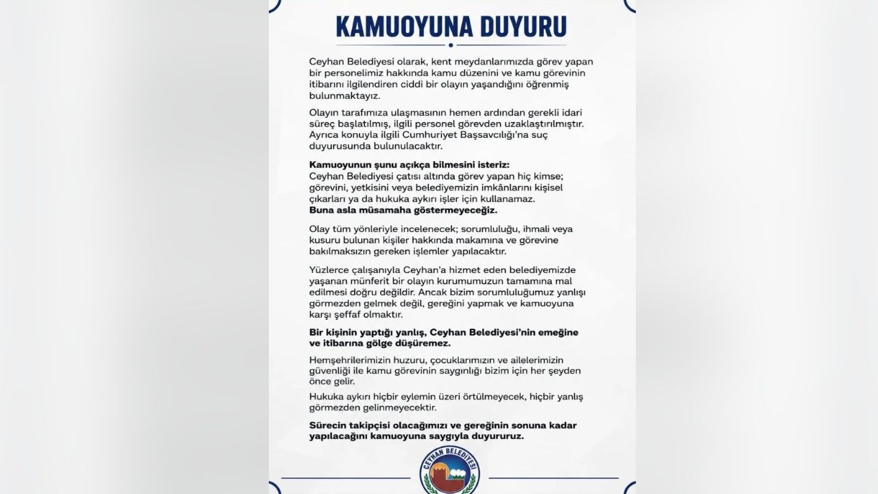 Ceyhan Belediyesi’nden Kamuoyuna Önemli Açıklama