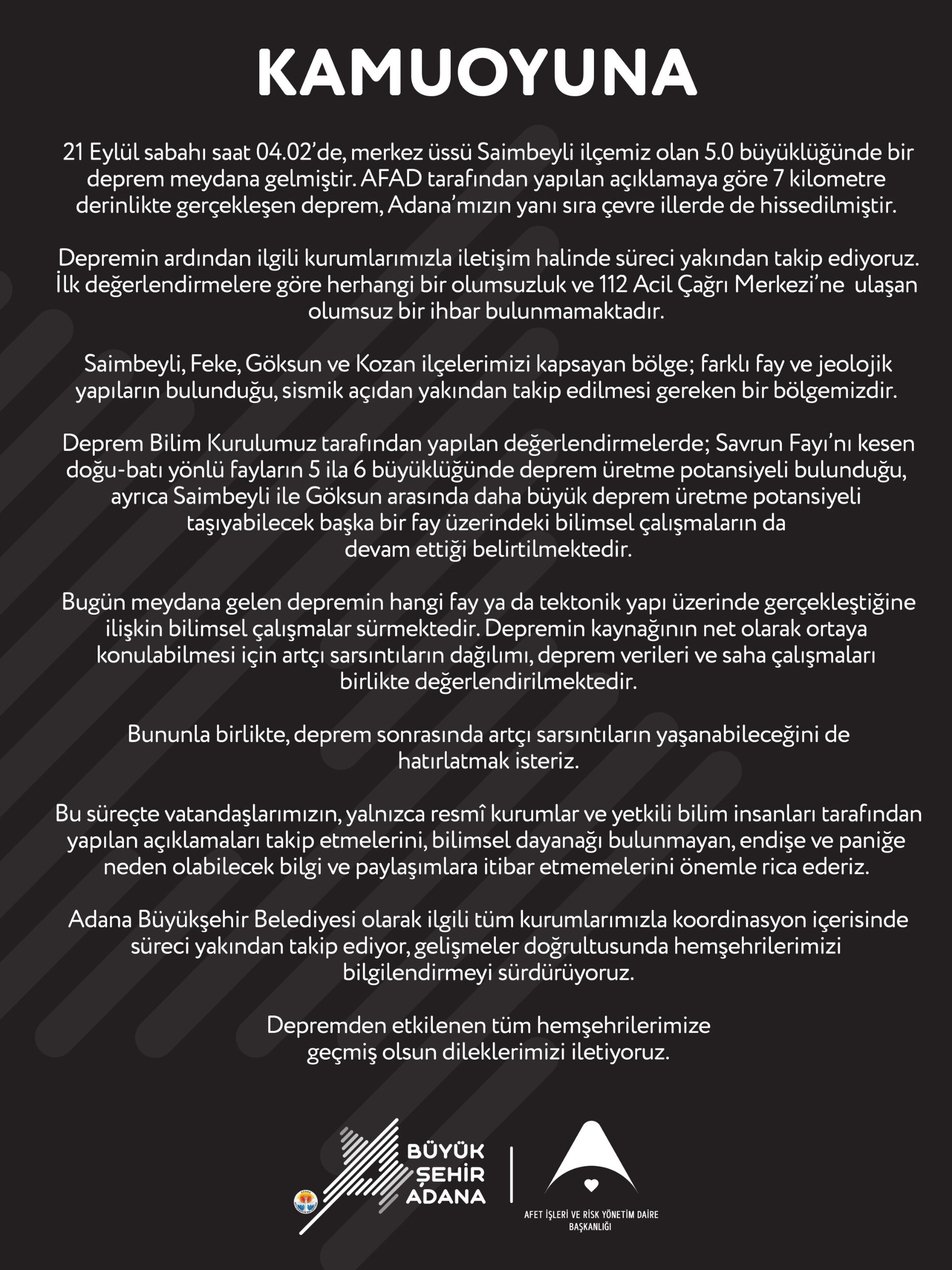 Adana Büyükşehir Belediyesi'nden Saimbeyli Depremi Açıklaması Olumsuz Ihbar Yok