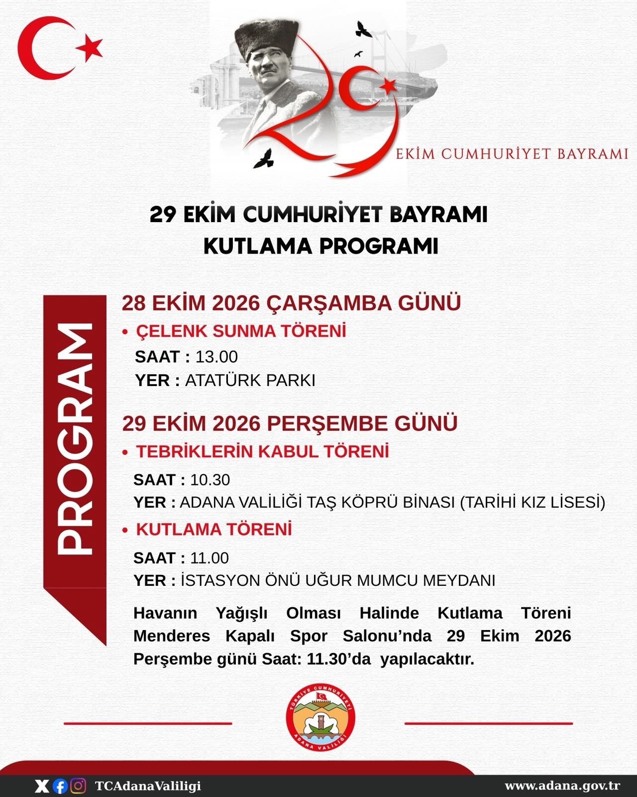 Adana'da Cumhuriyet Coşkusu Başlıyor 103. Yıl Kutlama Programı Belli Oldu