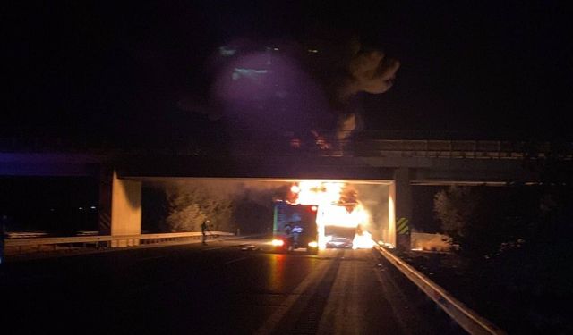 Pozantı-Tarsus otoyolunda lastik yüklü tır alev alev yandı