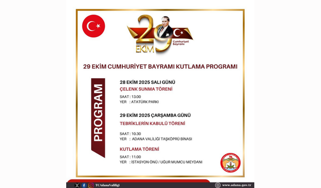 Adana'da 29 Ekim Cumhuriyet Bayramı Kutlama Programı Belli Oldu