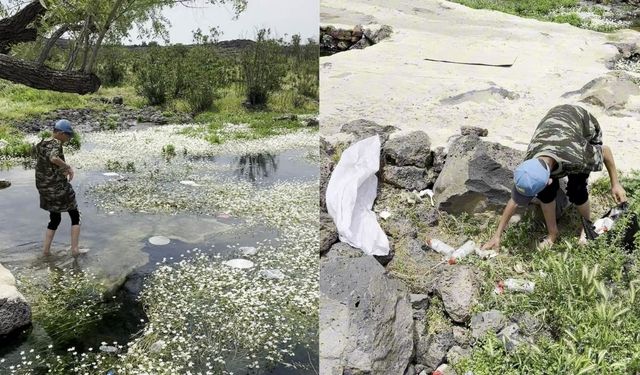 11 yaşındaki çoban göldeki çöpleri topladı: “Doğayı siz kirletiyorsunuz”