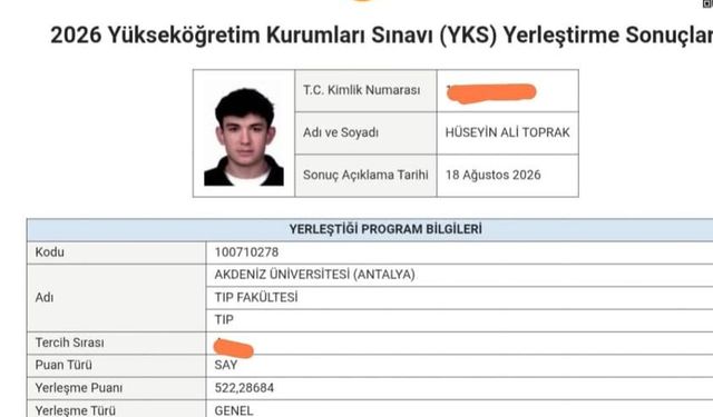 Meslek Lisesinden Tıp Fakültesine büyük başarı: Hüseyin Ali Toprak Akdeniz Tıp'ı kazandı