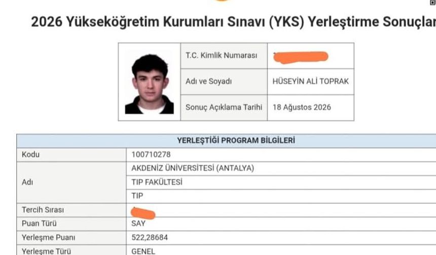Meslek Lisesinden Tıp Fakültesine büyük başarı: Hüseyin Ali Toprak Akdeniz Tıp'ı kazandı